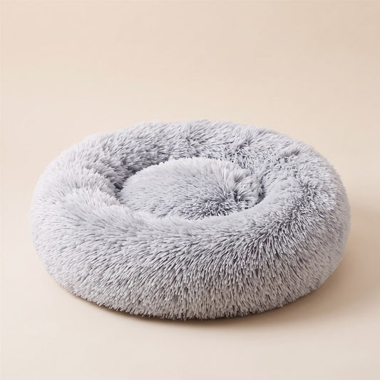 PawPawDoo Cozy Nest round plush bed in gradient light gray, studio view