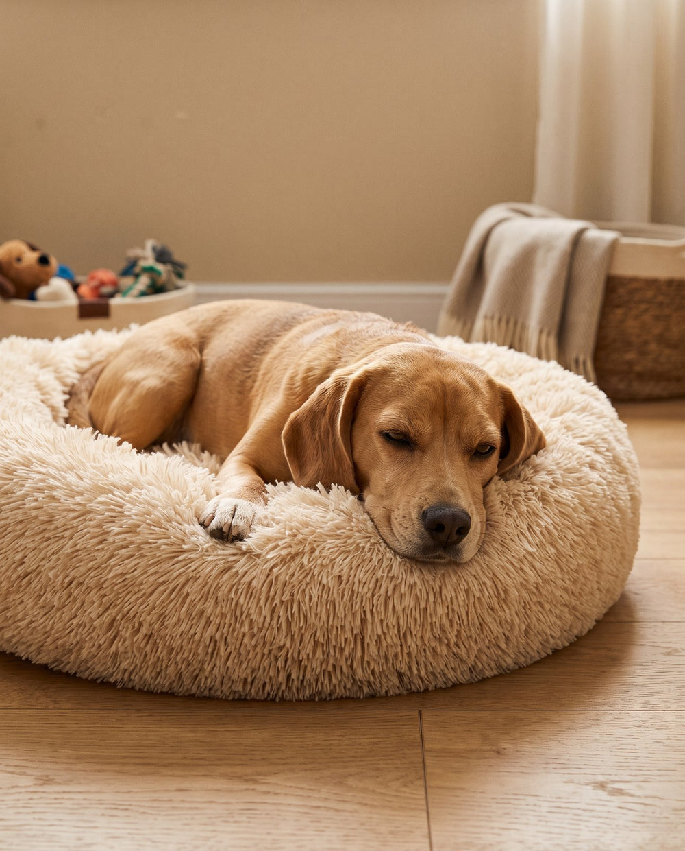 A larger dog settling into a big Cozy Nest bed