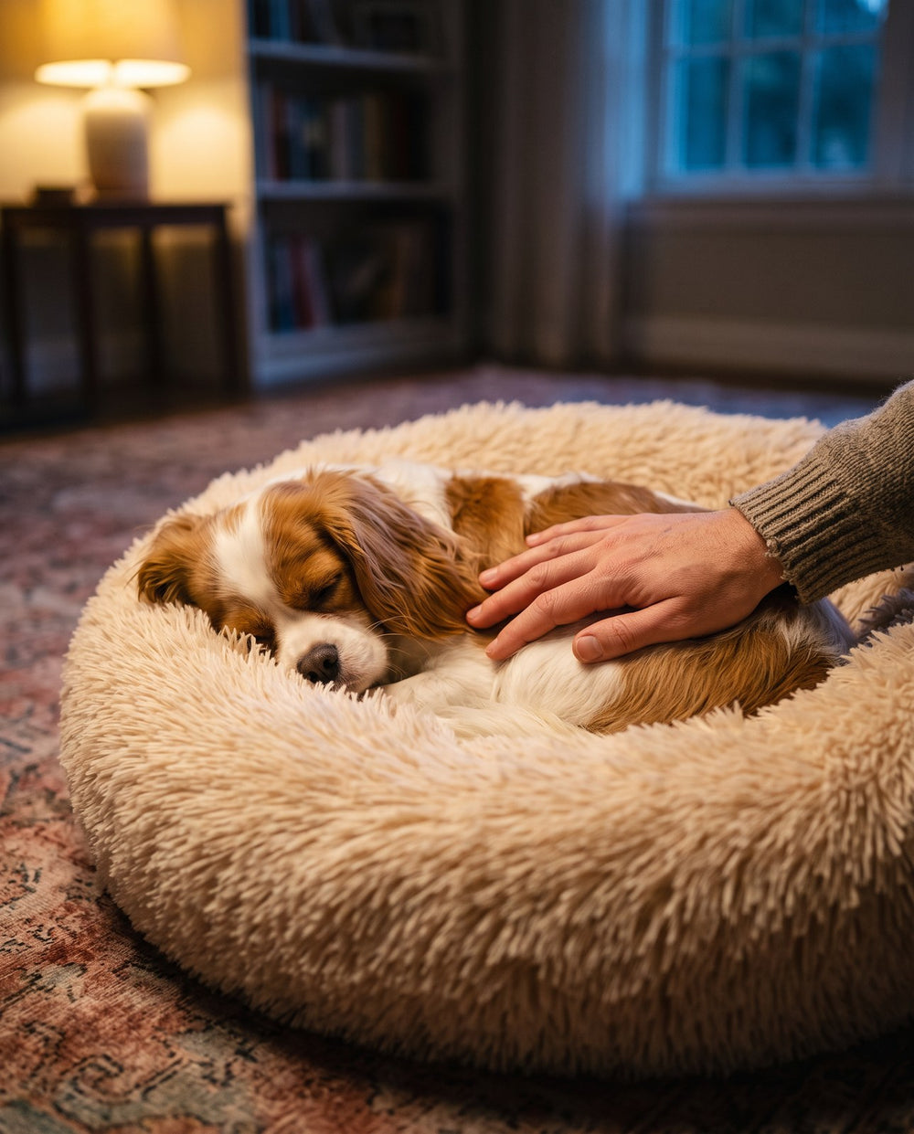 A hand resting on a sleeping dog curled up in a Cozy Nest bed