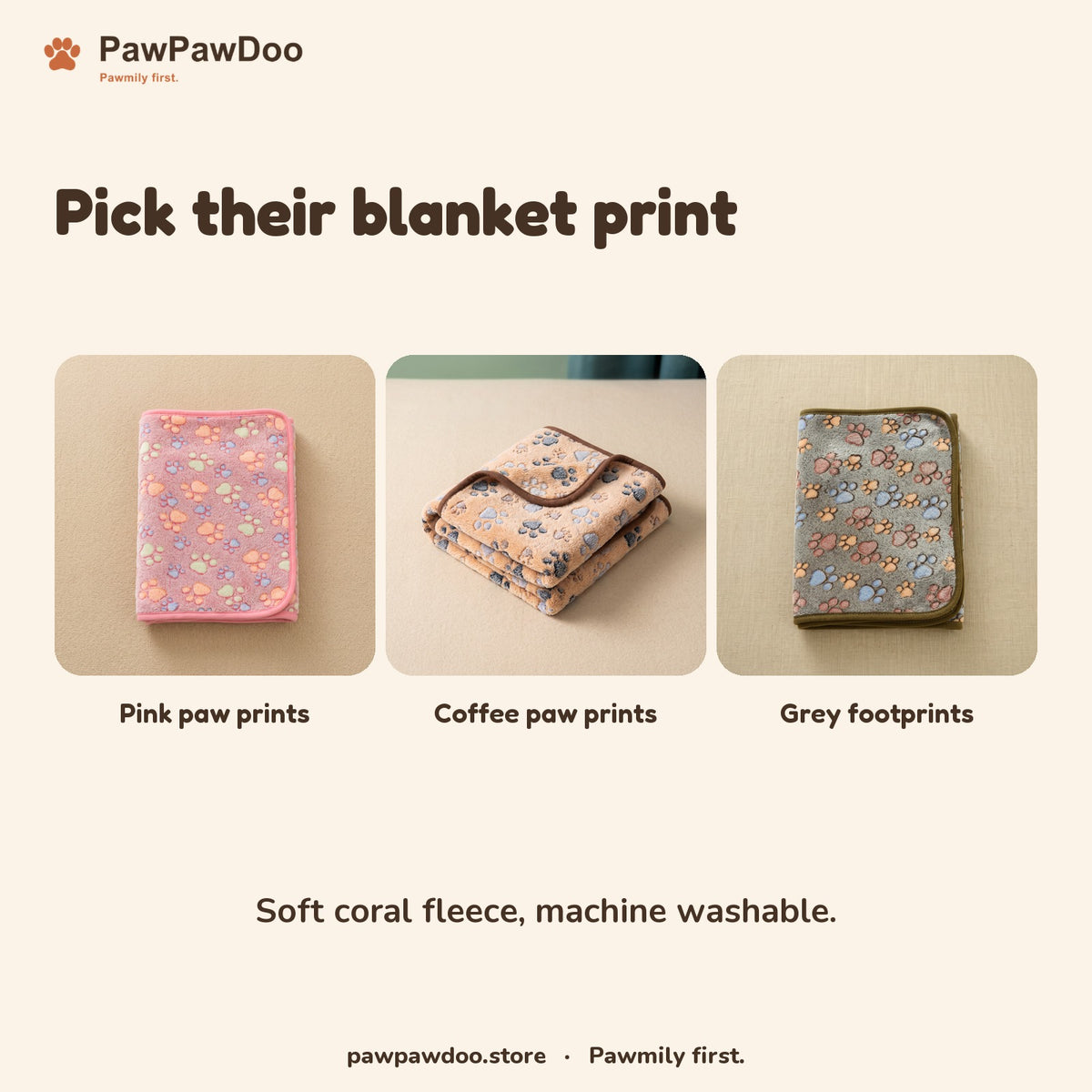 Coral fleece blanket in three prints: pink paw prints, coffee paw prints and grey footprints