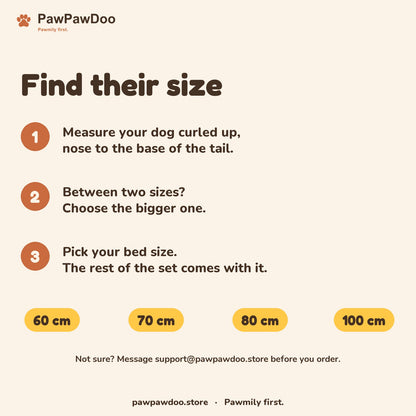 Size guide: measure your dog curled up, nose to base of tail, and choose 60, 70, 80 or 100 cm