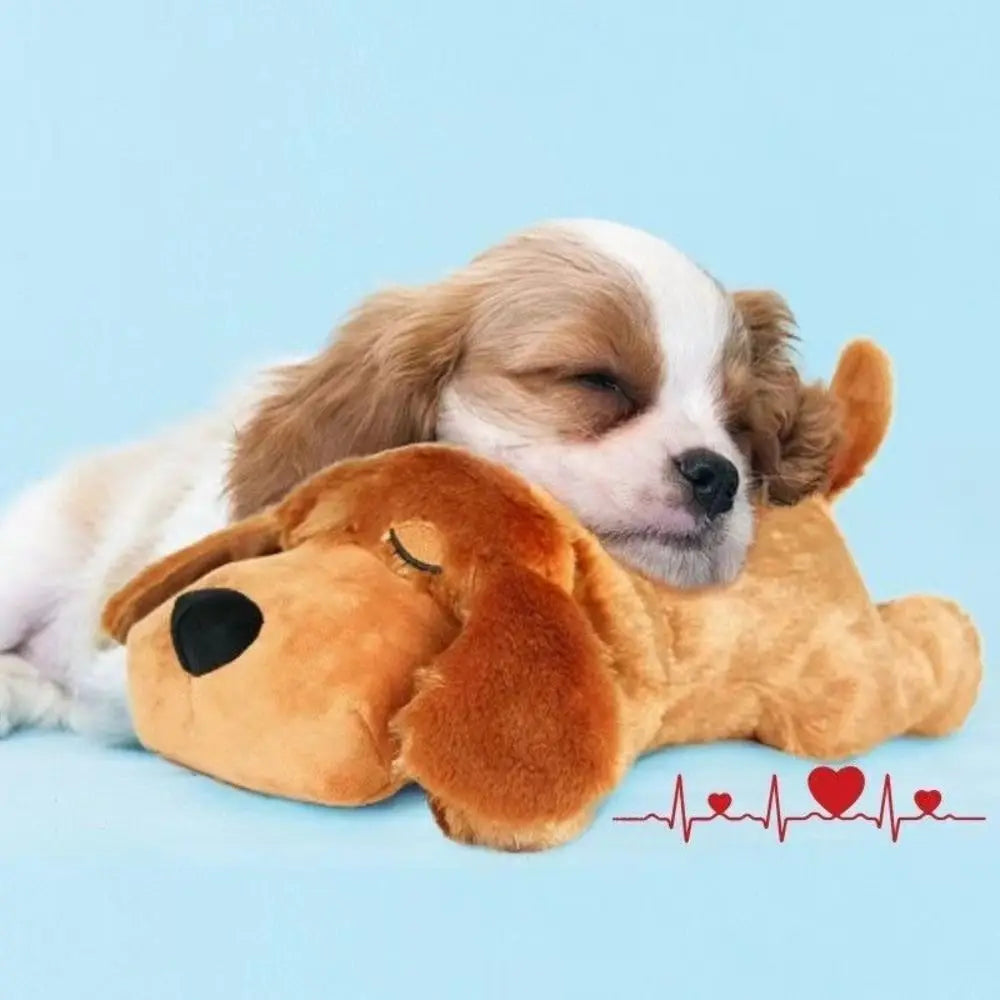 Golden-tan puppy plush with brown ears and a heartbeat unit