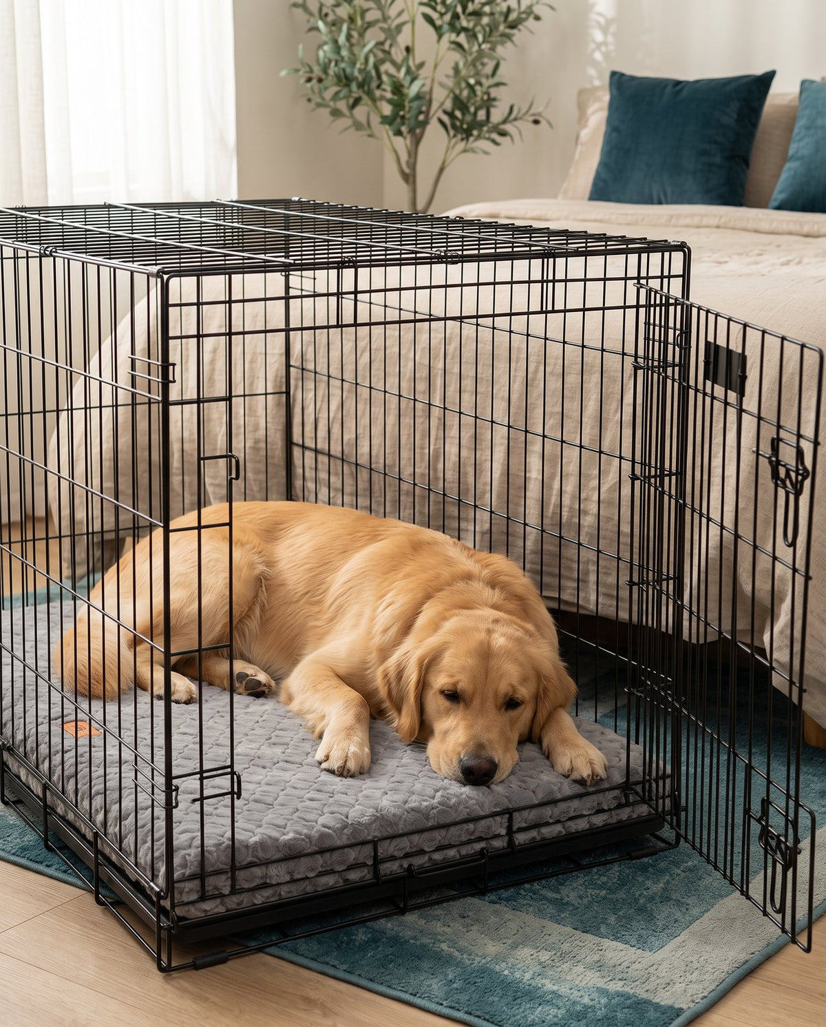 Golden retriever resting on the PawPawDoo Support Bolster mat inside an open wire crate