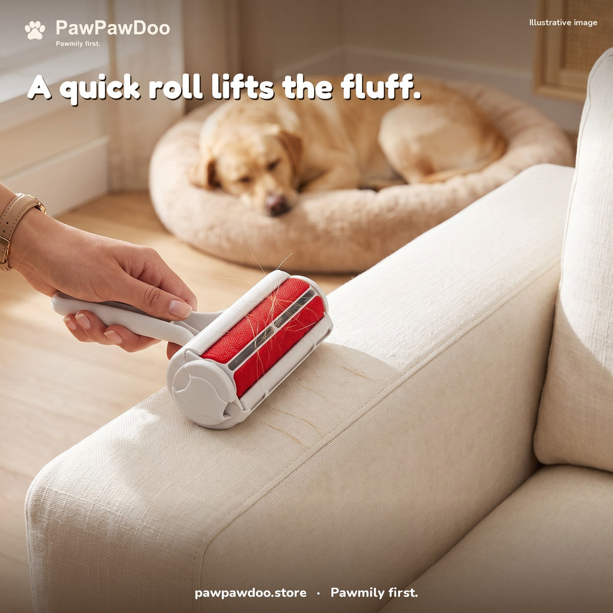 A hand rolls a few dog hairs off a sofa arm with the reusable pet hair roller while a dog sleeps in a Cozy Nest bed