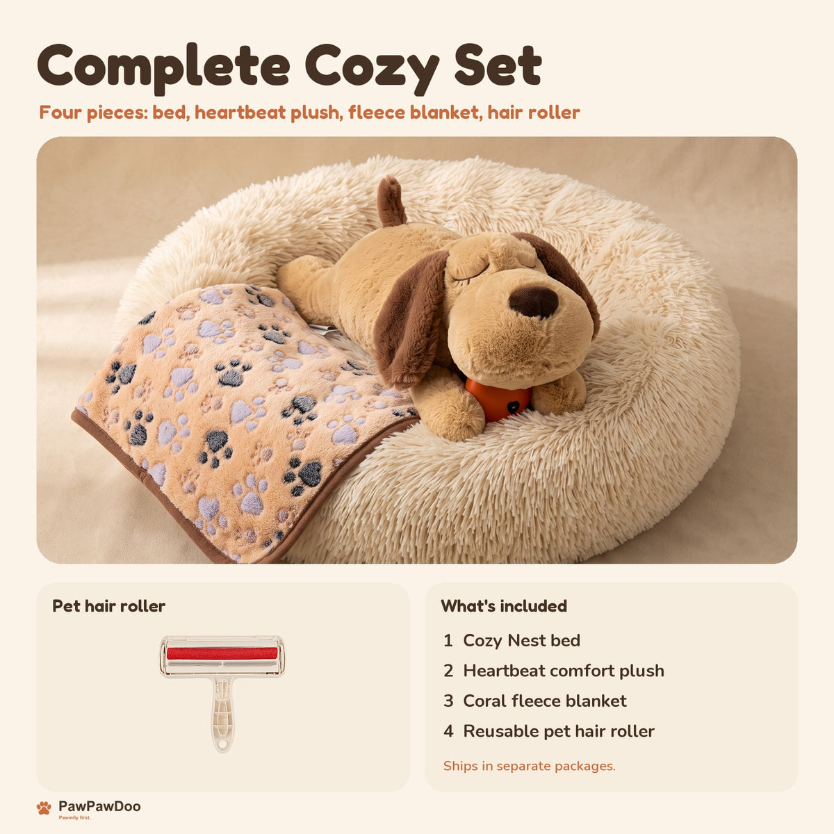 Complete Cozy Set: Cozy Nest bed, heartbeat plush, fleece blanket and pet hair roller