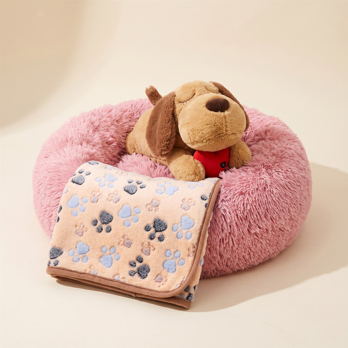 Cozy Corner Kit: rose Cozy Nest bed, heartbeat puppy plush and paw-print fleece blanket