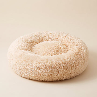 PawPawDoo Cozy Nest round plush bed with raised rim in khaki, studio view