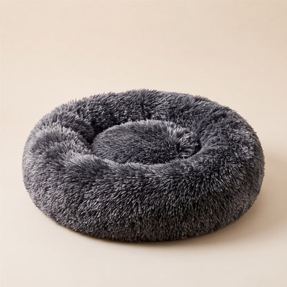 PawPawDoo Cozy Nest round plush bed in gradient dark gray, studio view