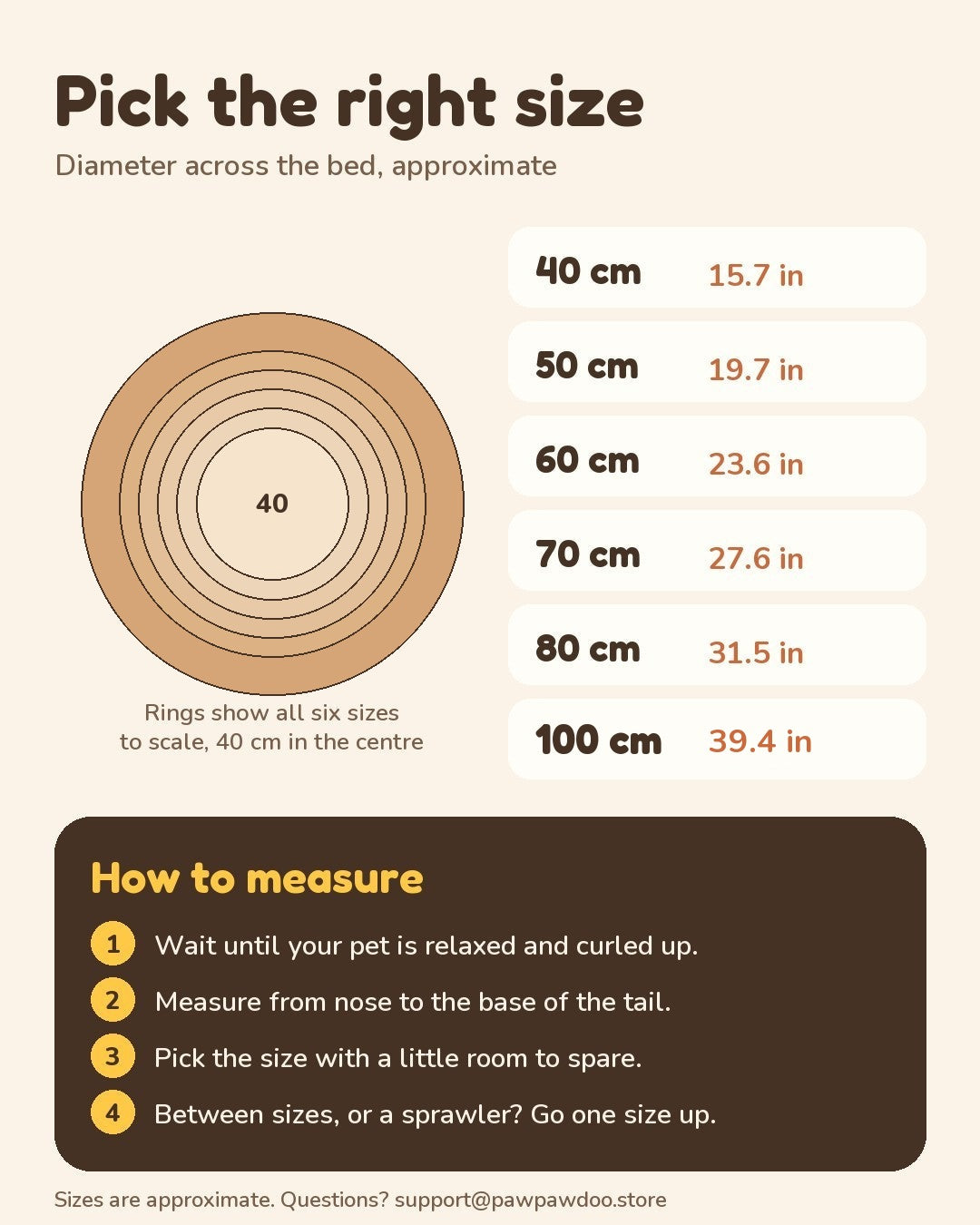 Cozy Nest size guide: six diameters, 40 to 80 cm and 100 cm, and how to measure your pet