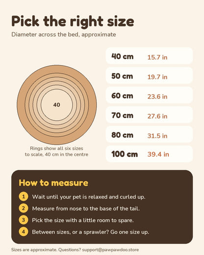 Cozy Nest size guide: six diameters, 40 to 80 cm and 100 cm, and how to measure your pet