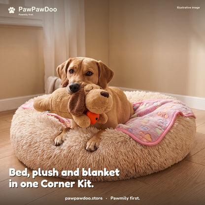 Dog with the heartbeat plush in a Cozy Nest bed with a paw-print blanket: the Cozy Corner Kit