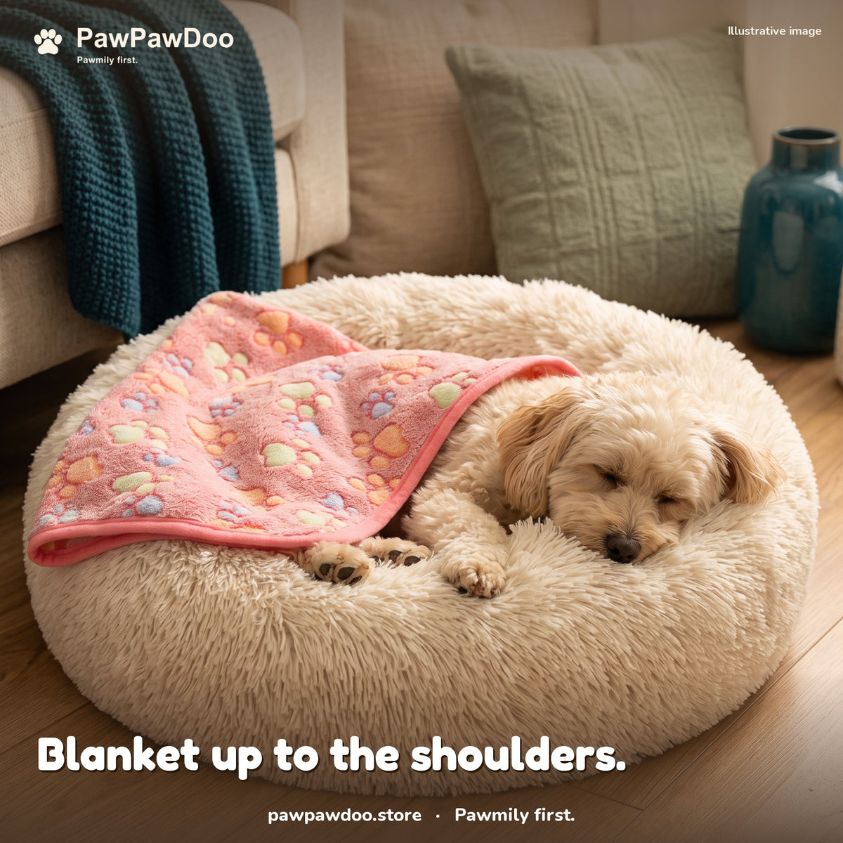 Small dog asleep in a Cozy Nest bed with a pink paw-print blanket tucked up to the shoulders