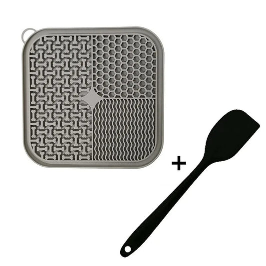PawPawDoo grey silicone lick mat with a black silicone spatula, 19.8 cm square