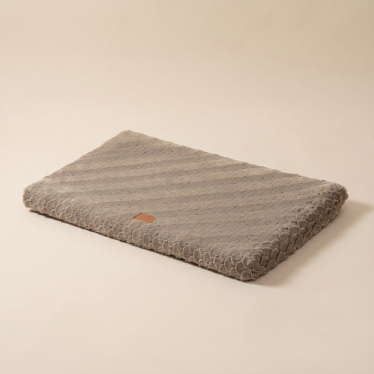 PawPawDoo Support Bolster flat plush crate mat in khaki, studio view