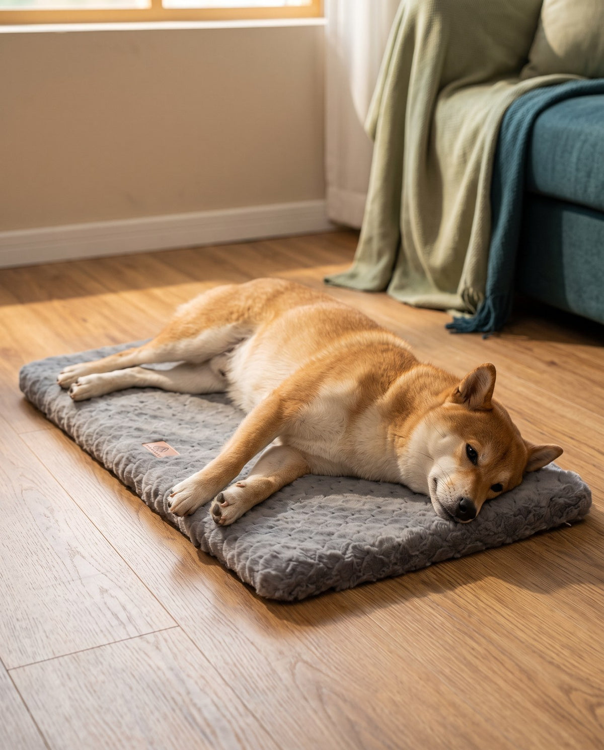 Shiba Inu stretched out on the PawPawDoo Support Bolster flat plush mat