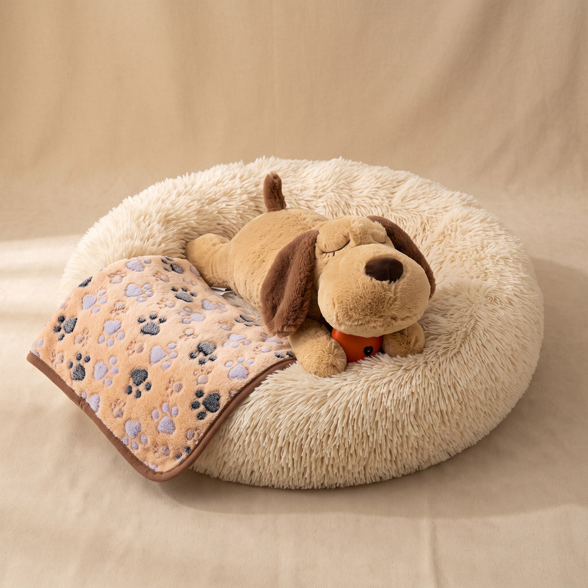 Cozy Corner Kit: khaki Cozy Nest bed, heartbeat puppy plush and paw-print fleece blanket