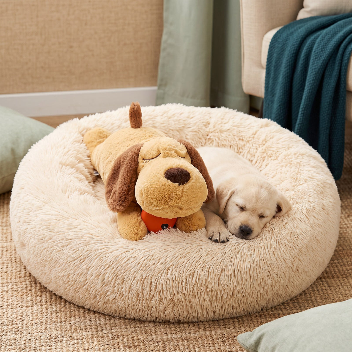 Heartbeat Comfort Plush and a white puppy resting together in a cream Cozy Nest bed