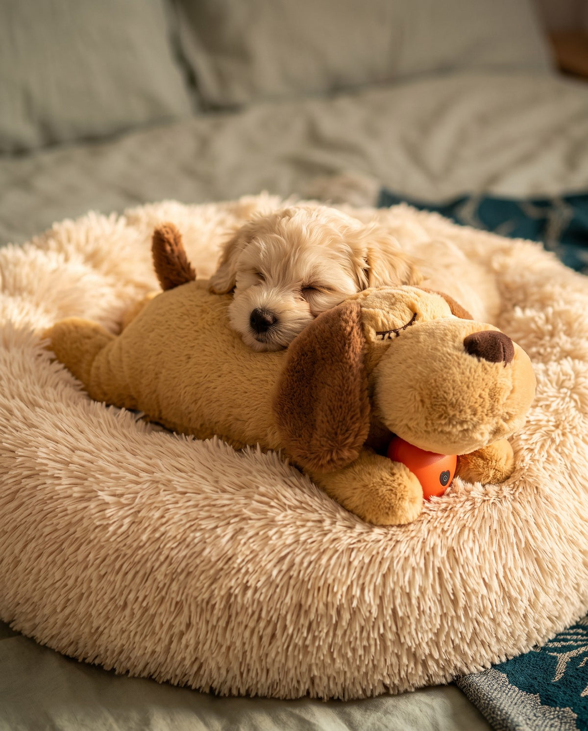 Golden puppy asleep on the Heartbeat Comfort Plush in a cream Cozy Nest bed
