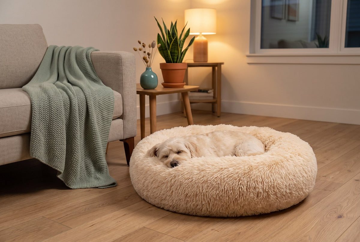 Cozy Nest bed with a sleeping dog in a warm living room