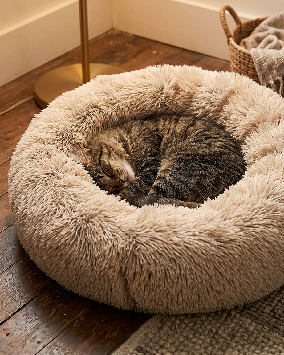 Cat curled up asleep in the Cozy Nest bed