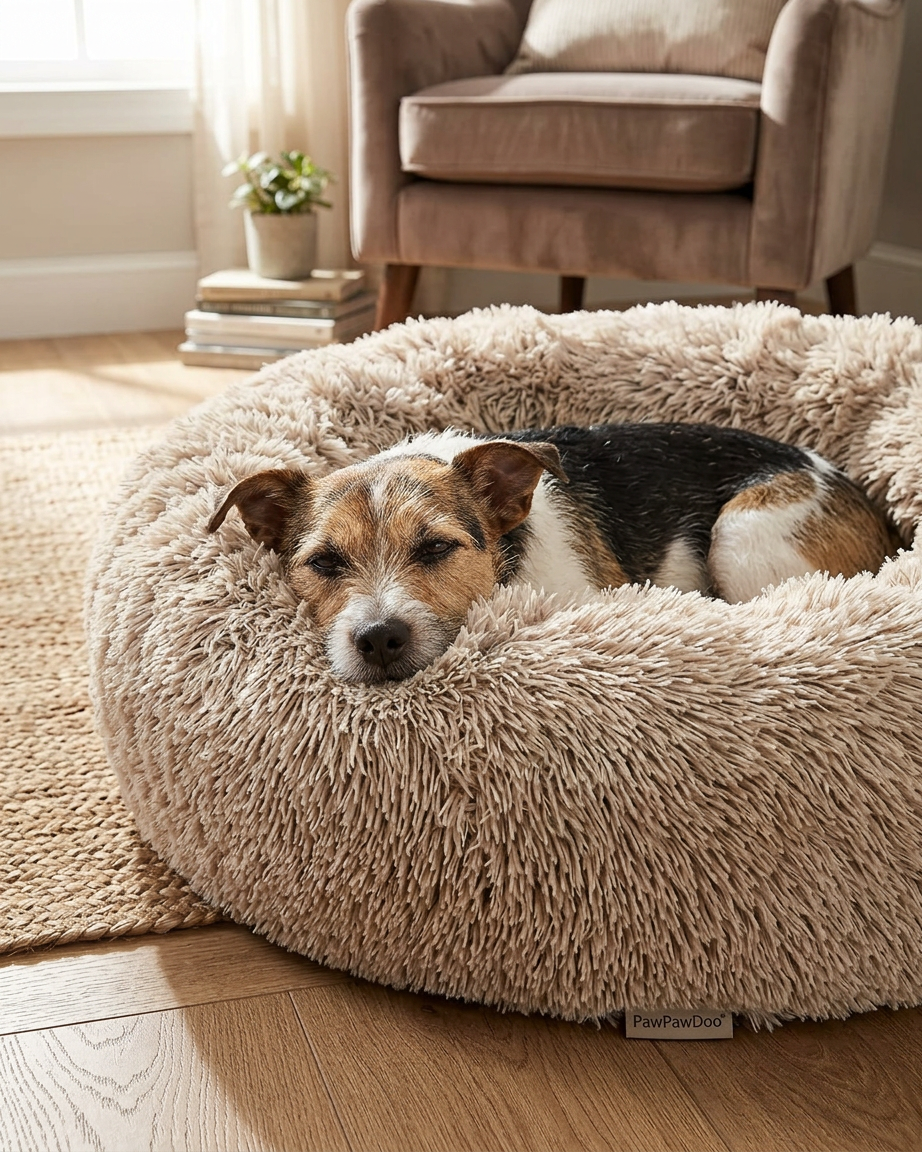 Dog resting its chin on the raised rim of the Cozy Nest bed